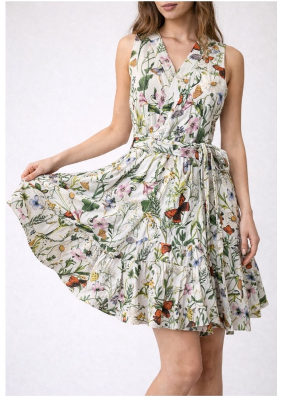 Christian Lacroix Linen Blend Ruffle Wrap Dress Floral Butterfly Size Small